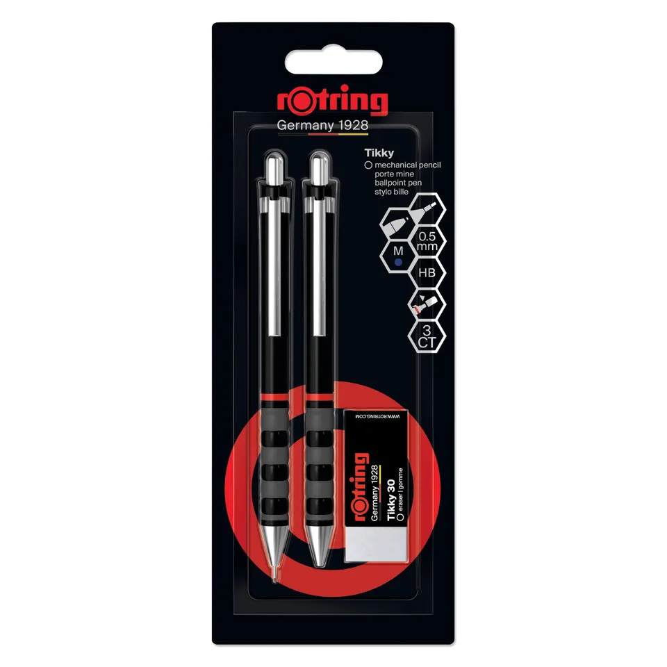 rotring-tikky-set-feinminenstift-0-5-mm-hb-kugelschreiber-radierer-schwarz image 1