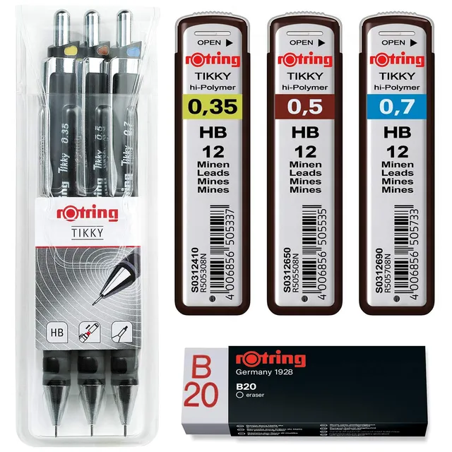 rotring-tikky-feinminenstift-3er-set-0-35-0-5-0-7-mm-mit-hb-minen-und-radierer image 1